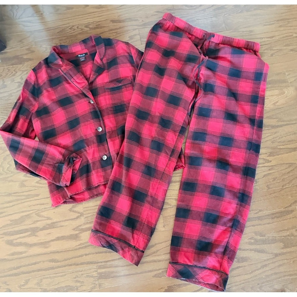 Madewell Womens Red Black Cotton Flannel Bedtime Pajama Set Buffalo Plaid Large